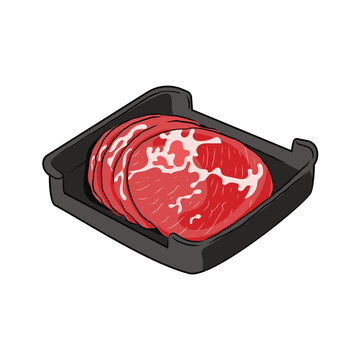 Isolated pork Boston butt, a thin sliced of Fresh Pork meat in black plate, vector hand drawing food ingredient illustration. Sliced meat, hight protein food, uncooked food hot pot ingredients. 