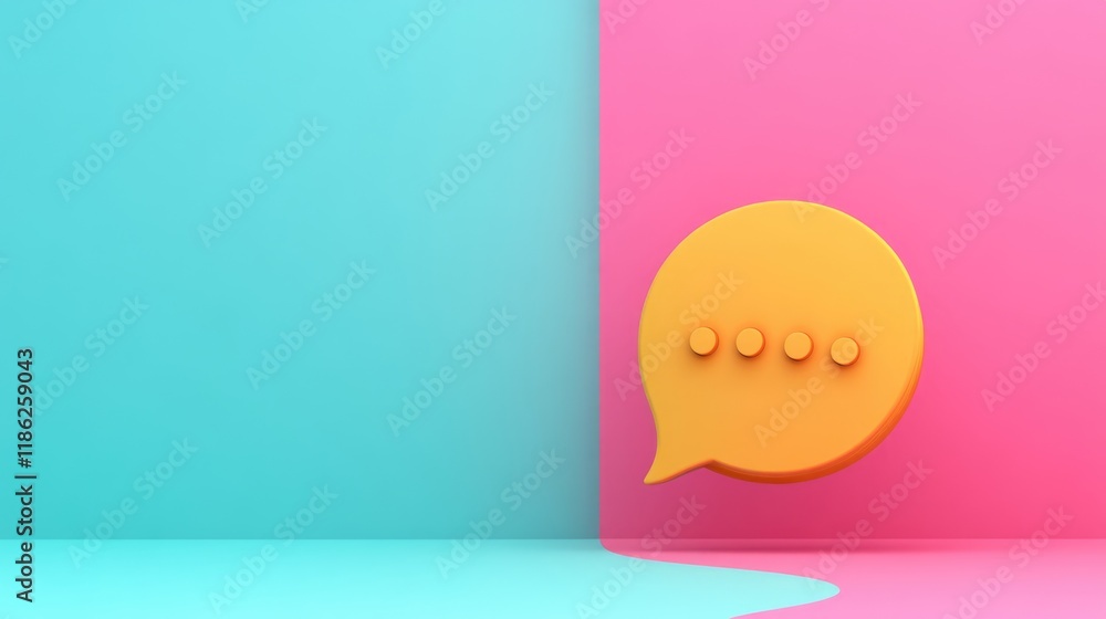 Poster colorful 3d chat bubble icon on pink and blue split background with ample empty copy space for text 