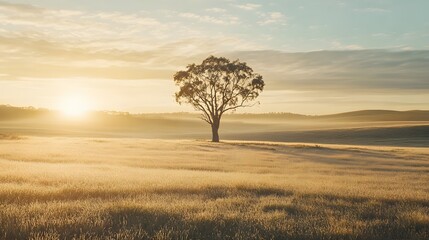 Lone Tree in Golden Wheat Field - Serene Landscape, Nature, Tranquility