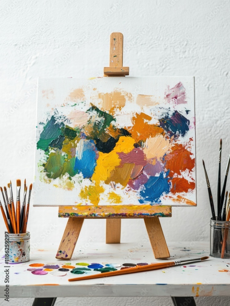 Poster artistic workspace filled with vibrant colors, brushes, and an easel ready for creative expression. 