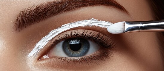 Professional makeup artist applying white henna paste to eyebrows with brush close-up on blue eye in beauty salon with soft lighting and empty space for text