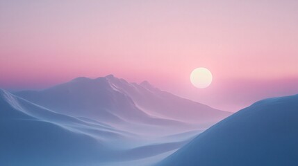 Dawn breaks over a tranquil mountain range, casting soft pastel colors in the sky. The subtle glow...