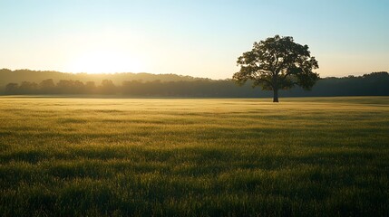 Fototapeta premium Lone Tree in Golden Wheat Field - Serene Landscape, Nature, Tranquility