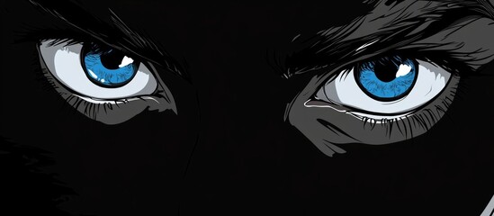 blue eyes focused on viewer with dark shadows background suitable for text placement, emphasizing sharp features and contrast in color