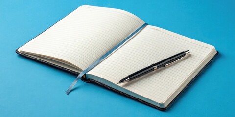A blank notebook lies open on a blue background with a pen lying across the pages as if waiting for the next creative stroke, paper, artistic expression, waiting