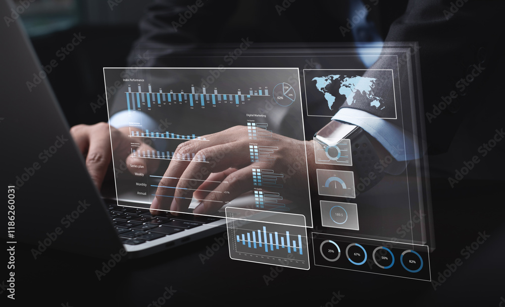 Aufkleber business data analytics, plan and financial report concept. businessman using kpi dashboard with dat