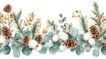 Fototapeta premium Beautiful winter greenery with pinecones and eucalyptus for seasonal decor ideas