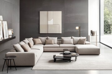 modern living room geometric wall design neutral color palette