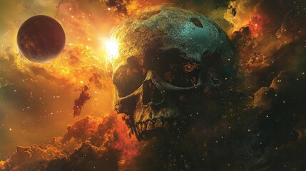 Skull against a cosmic background with flames and a planet.