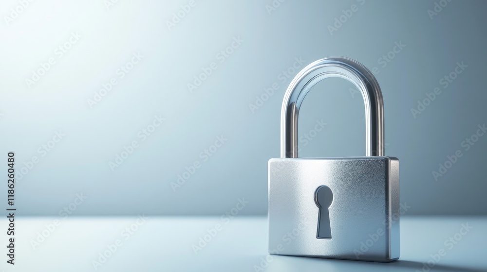 Poster metallic padlock on smooth light blue surface with ample empty copyspace for text, symbolizing secur