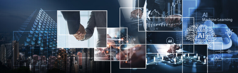 Business Intelligence AI tech development, Business finance technology background. Data analysis...