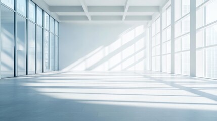 Obraz premium Spacious modern office interior with large windows casting sharp shadows on light gray floor, featuring ample empty copyspace for text and branding.