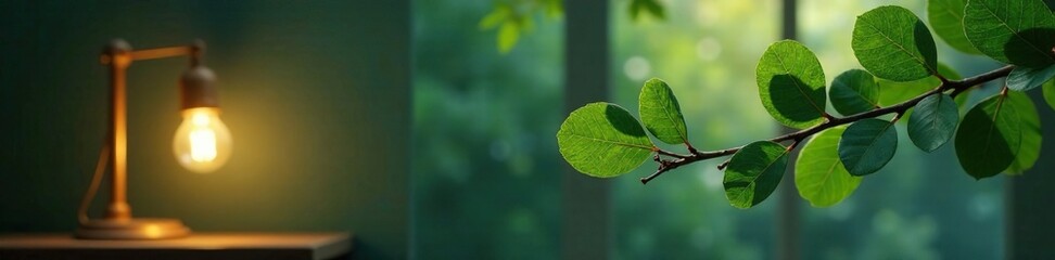 Fototapeta premium Eucalyptus leaves and branch in a serene atmosphere with lamp, eucalyptus cinerea, foliage, leaves