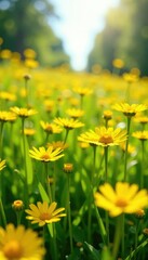 Fototapeta premium Sunshine drenched field of bright yellow wildflowers, bloom, flowers, sunshine