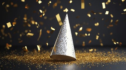 Fototapeta premium Party hat paired with golden confetti, festive celebration concept. 