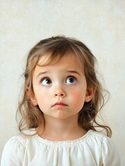 Fototapeta premium Cute little girl with big expressive eyes looking up against a neutral textured background with ample empty space for text, soft natural lighting.