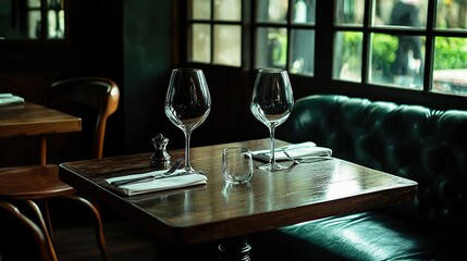 Elegant restaurant table setting with two wine glasses, silverware, and napkins.