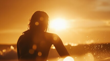 Athletic female surfer silhouetted against a vibrant golden sunset, close-up view highlighting lens flare and ocean water droplets, dynamic beach atmosphere.