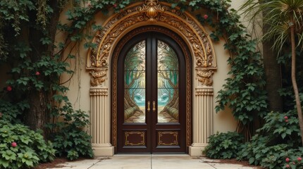 Intricate Art Nouveau Doorway with Vine and Floral Carvings