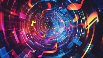 Obraz premium Abstract Neon Music Notes Swirling Tunnel