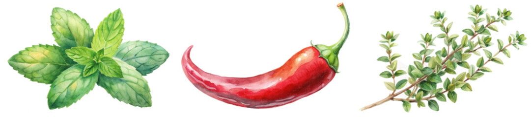 Fresh herbs collection, vibrant watercolor style, mint leaves, red chili pepper, thyme sprigs, culinary decoration.