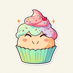 Adorable Kawaii Cupcake Illustration: Sweet Treat, Whimsical Design, Pastel Colors, Happy Face, Delicious Dessert