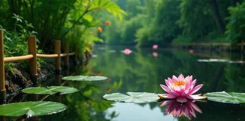 Bamboo fence bordering a tranquil pond with water lilies, water, water lily