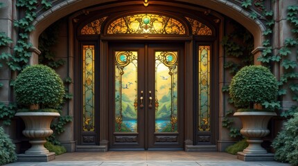 Intricate Art Nouveau Doorway with Vine and Floral Carvings