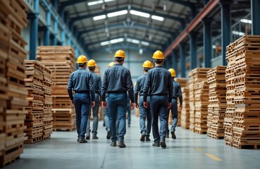 Diverse workforce in industrial warehouse examines hardwood material for furniture production. Workers in safety hard hats walk through lumber pallet factory. Team checks stock. Indoor scene of