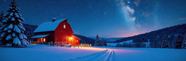 Evergreen trees and red barn under starry night sky, twinkling lights, red barn, winter