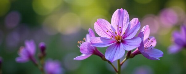 Fototapeta premium Flowering purple plant in garden with delicate white petals, blossoms, purple, flowers