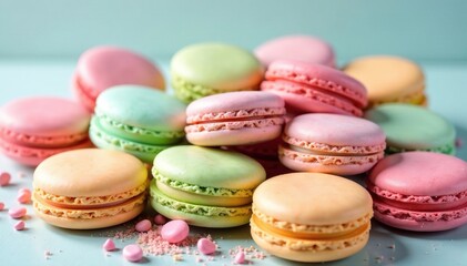 Fototapeta premium Pastel macarrones en una estanter?a colorida con diferentes sabores y tama?os, festa, decoraci?n