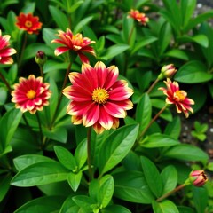 Obraz premium Red and yellow dahlia flower blooming amidst lush greenery, flowers, dahlia, green