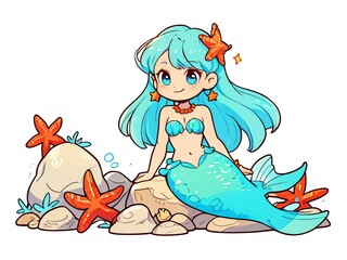 Adorable Little Mermaid on Rocks