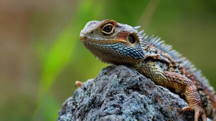 Fototapeta premium Dragobete Vibrant lizard resting on rock in natural habitat