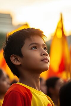 EDSA People Power Commemoration Week Asian young boy gazing upward at sunset during outdoor event with vibrant flags