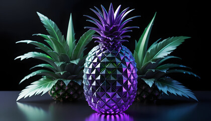 Metallic purple pineapple with green leaves on dark background.