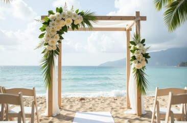 wedding arch with white beautiful flowers on beach, sea background, copyspace available