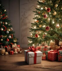 a beautifully arranged gift under the branches of a Christmas tree, presents on tree, gifts under tree, Christmas present