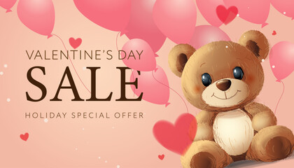 Valentines Day sale vector banner design. Valentine big Sale offer text with surprise balloons and teddy bear for hearts day background. Vector Illustration.