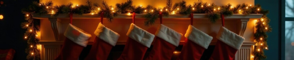 Twinkling fairy lights under stockings and garland, mantel, stockings, twinkling