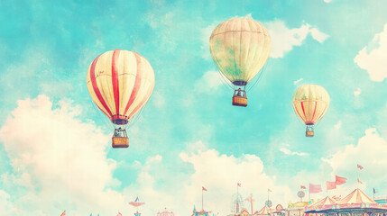 Obraz premium Aesthetic watercolor vintage card with hot air balloons floating in the sky, retro concept. Generative AI