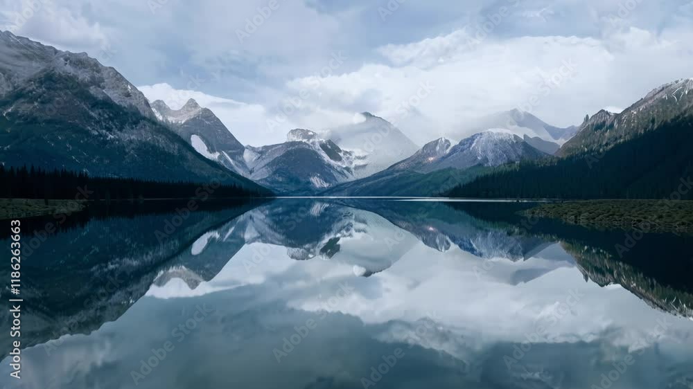 Aufkleber mirrored mountain lake reflection video, the clouds reflect, creating a dual image of the sky in bot