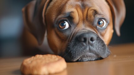 Obraz premium National Dog Biscuit Day Curious boxer dog staring intently at treat with sad eyes