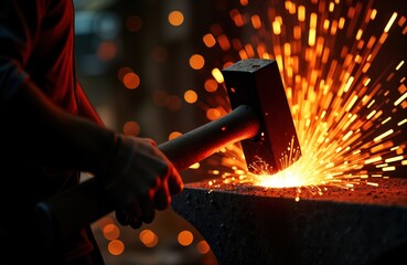 Blacksmith strikes red-hot metal with hammer. Glowing sparks fly around. Skilled craftsman works at forge. Traditional metalwork process in action. Industrial scene with heat, skill. Manual labor,