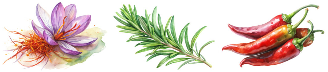 Vibrant watercolor illustration, saffron flower, fresh rosemary sprig, red chili peppers, culinary herbs, botanical art.