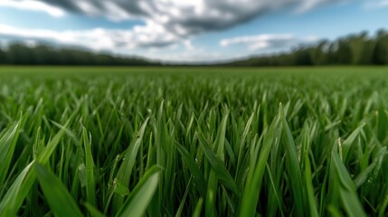 Obraz premium Lush green grass field under cloudy sky in serene landscape National Invasive Species Awareness Week