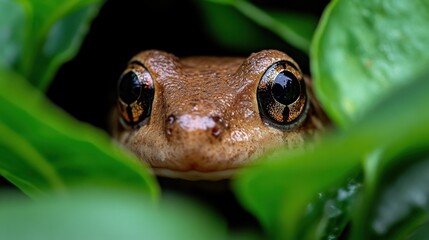 National Invasive Species Awareness Week Close-up of frog among green leaves with focused eyes