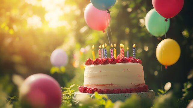 A whimsical birthday cake surrounded by colorful balloons in a sunlit garden