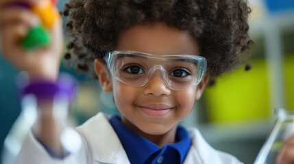 National Public Science Day African child scientist in lab coat and goggles conducting experiment